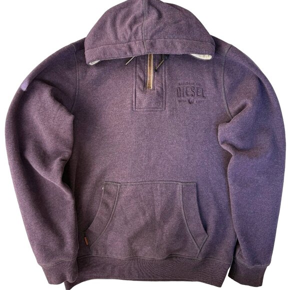 Diesel Half Zip Hoodie L Dark Plum Purple Embroidered Logo Kangaroo Pocket - Picture 1 of 12